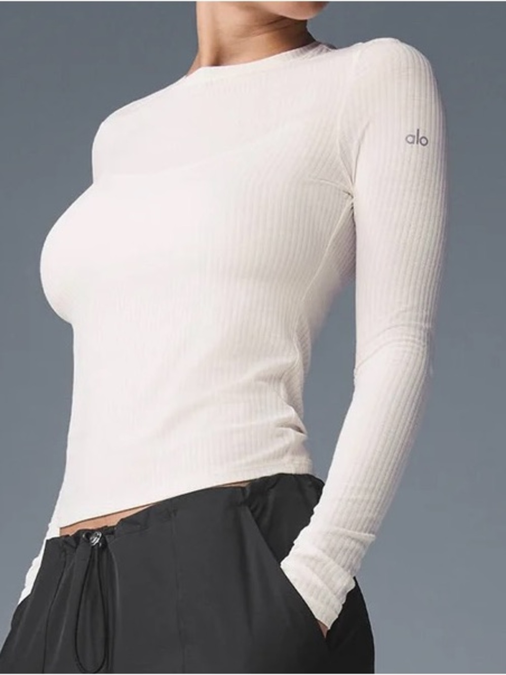 ALO Yoga Ribbed Long Sleeve Crewneck Top in White, S